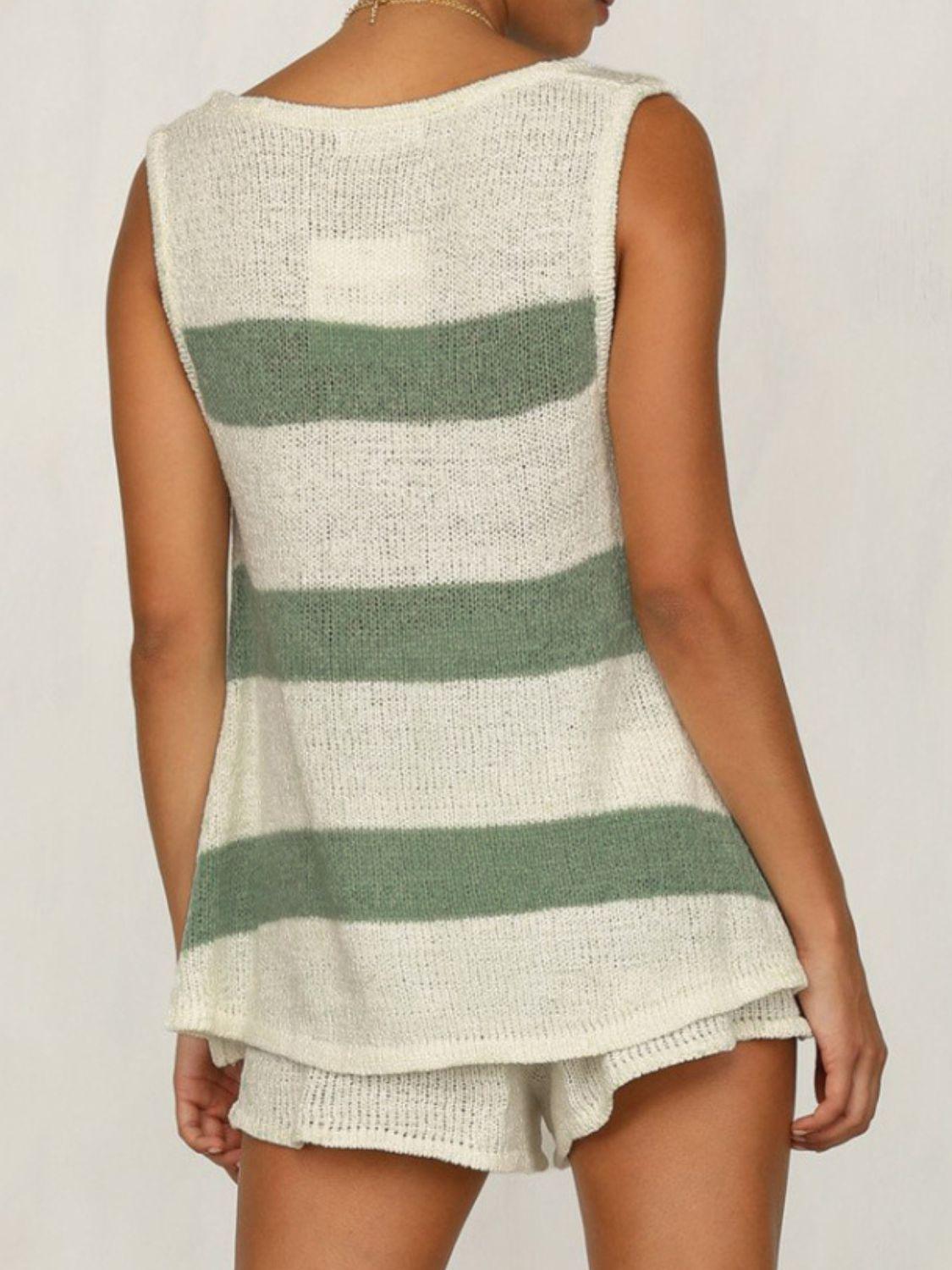 V-Neck Sleeveless Top and Drawstring Shorts Sweater Set - Clothes For Her Online Store