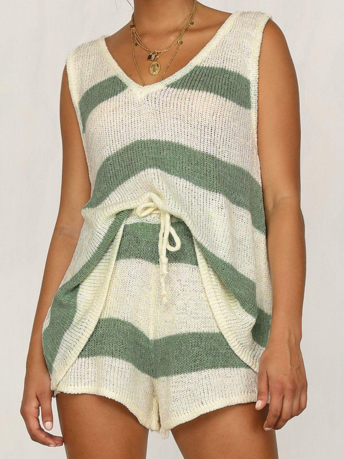 V-Neck Sleeveless Top and Drawstring Shorts Sweater Set - Clothes For Her Online Store