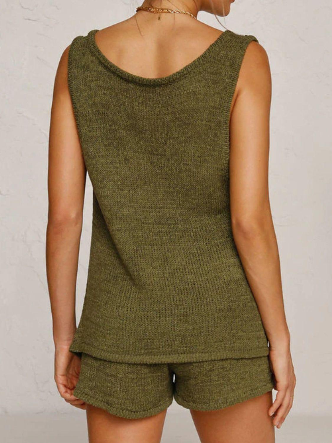 V-Neck Sleeveless Top and Drawstring Shorts Sweater Set - Clothes For Her Online Store