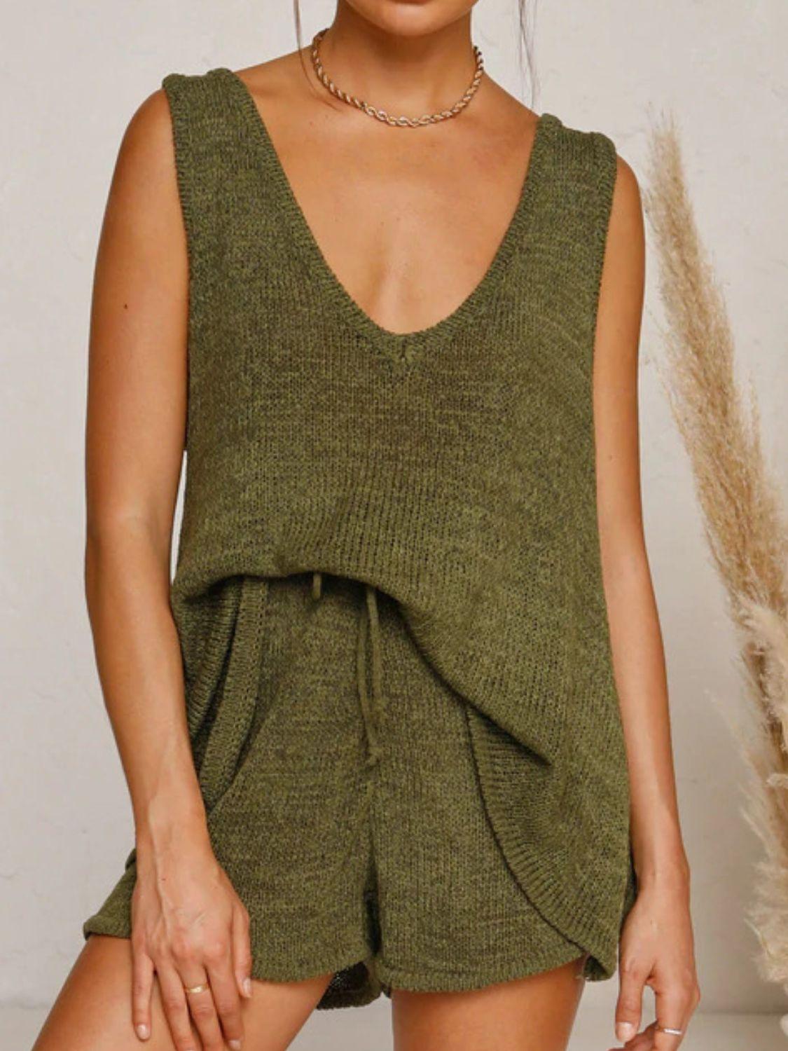 V-Neck Sleeveless Top and Drawstring Shorts Sweater Set - Clothes For Her Online Store