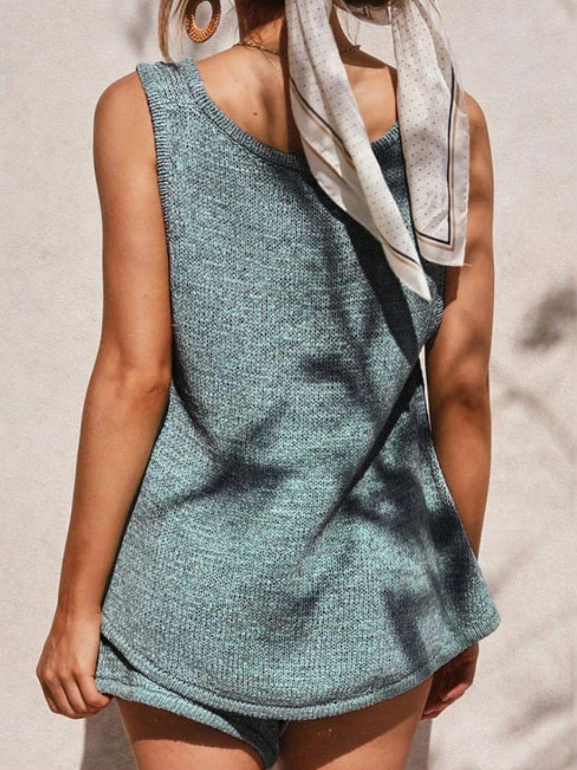V-Neck Sleeveless Top and Drawstring Shorts Sweater Set - Clothes For Her Online Store