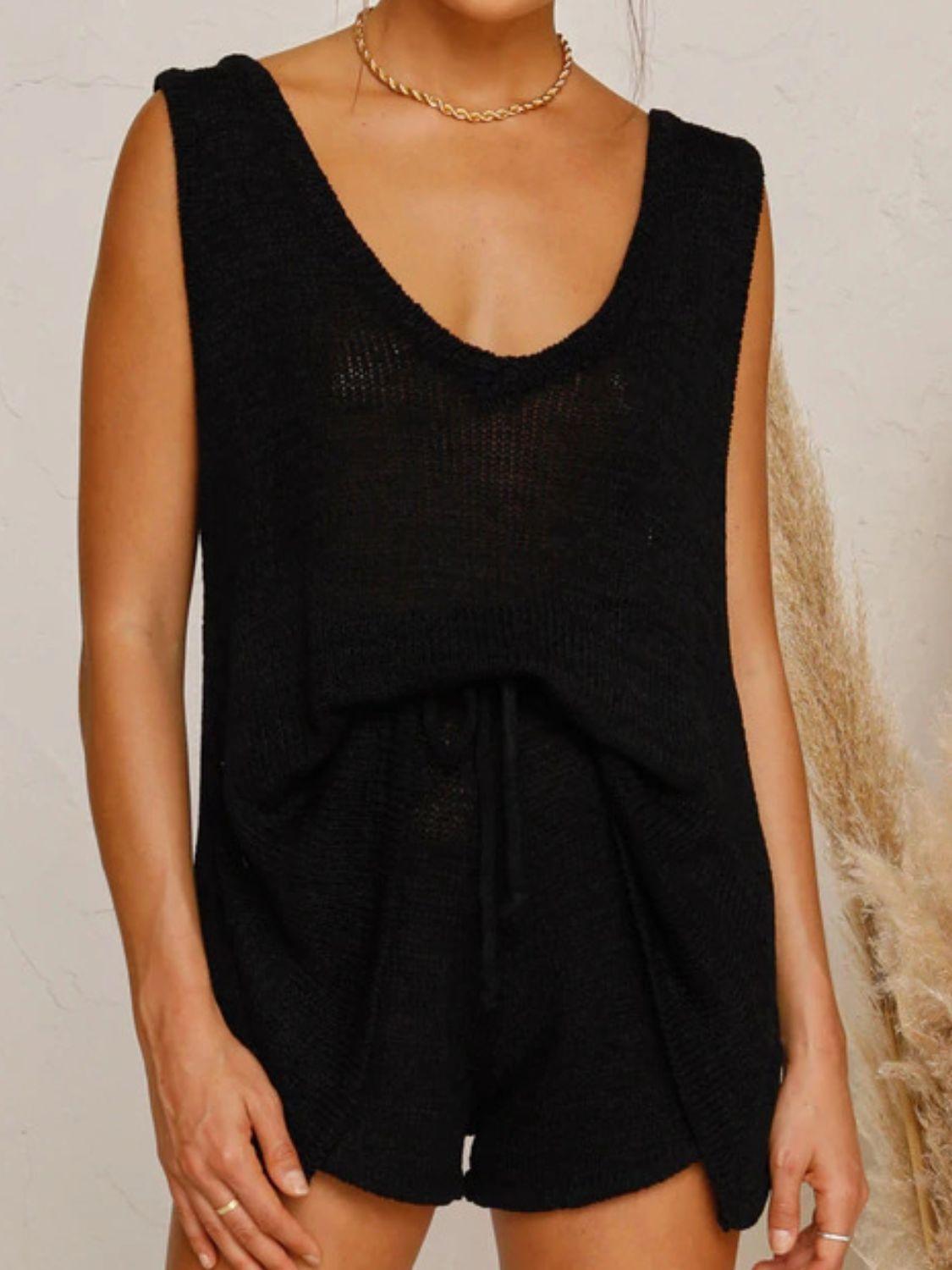 V-Neck Sleeveless Top and Drawstring Shorts Sweater Set - Clothes For Her Online Store