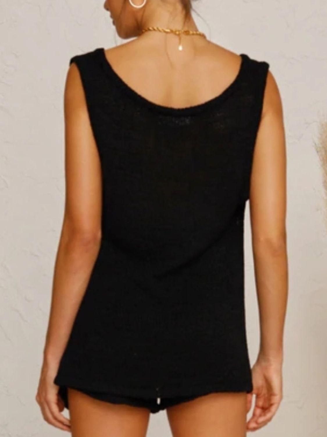 V-Neck Sleeveless Top and Drawstring Shorts Sweater Set - Clothes For Her Online Store