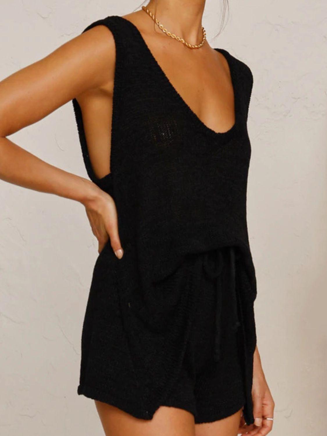 V-Neck Sleeveless Top and Drawstring Shorts Sweater Set - Clothes For Her Online Store