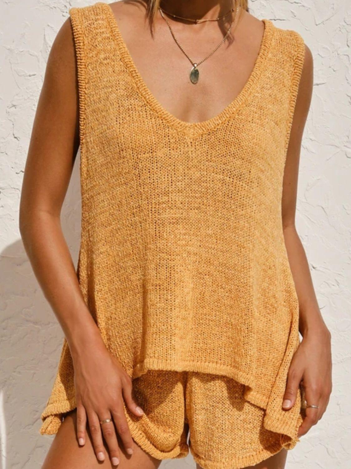 V-Neck Sleeveless Top and Drawstring Shorts Sweater Set - Clothes For Her Online Store