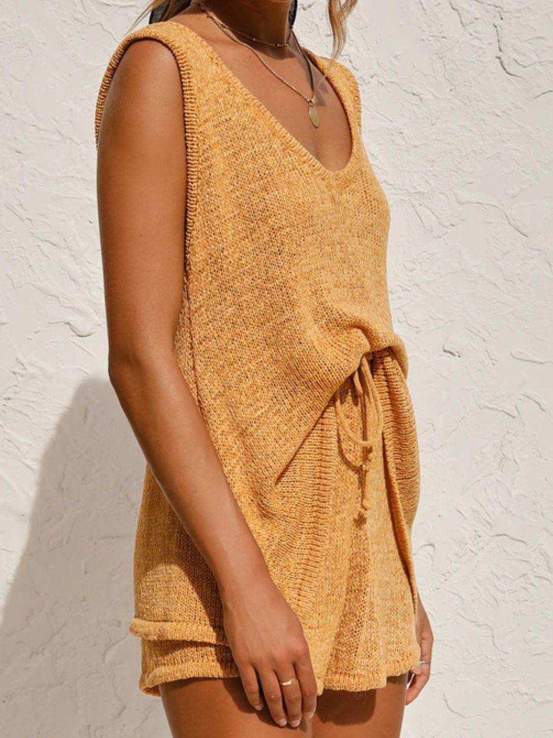 V-Neck Sleeveless Top and Drawstring Shorts Sweater Set - Clothes For Her Online Store