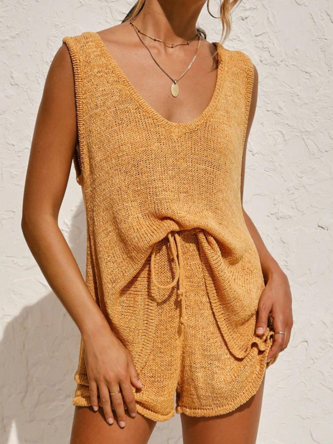 V-Neck Sleeveless Top and Drawstring Shorts Sweater Set - Clothes For Her Online Store