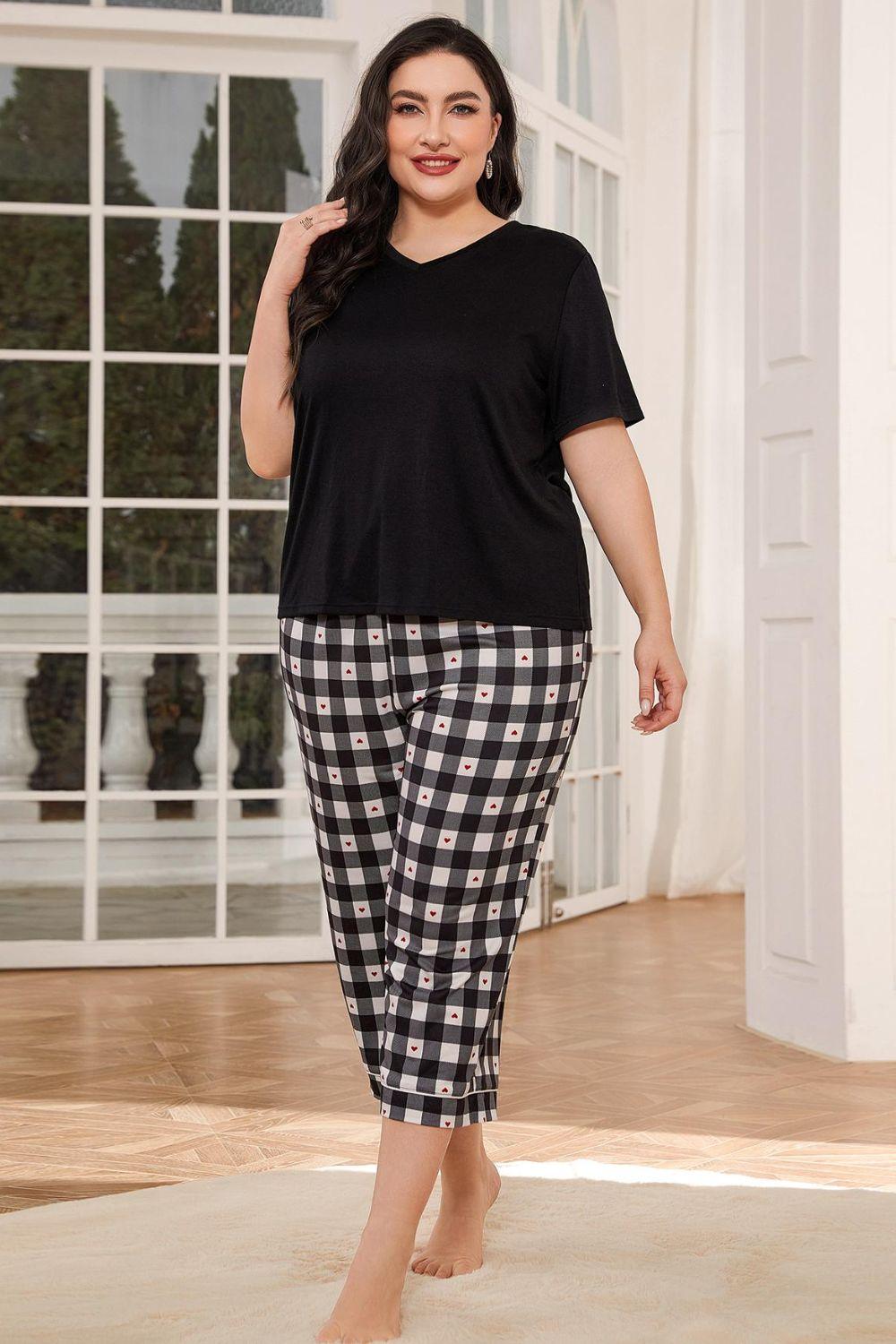 V-Neck Tee and Plaid Cropped Pants Lounge Set - Clothes For Her Online Store