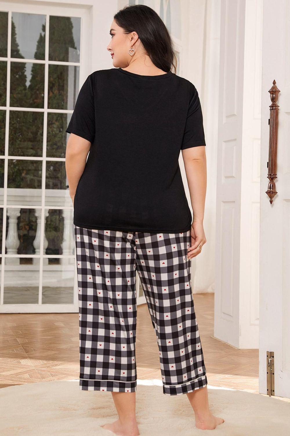 V-Neck Tee and Plaid Cropped Pants Lounge Set - Clothes For Her Online Store
