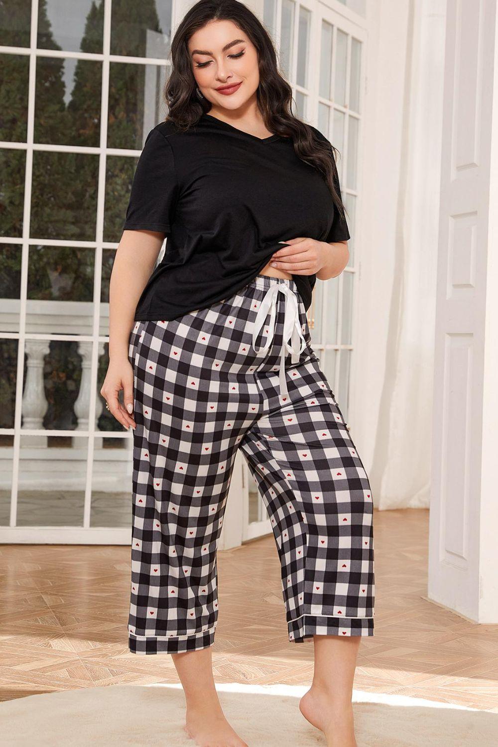 V-Neck Tee and Plaid Cropped Pants Lounge Set - Clothes For Her Online Store