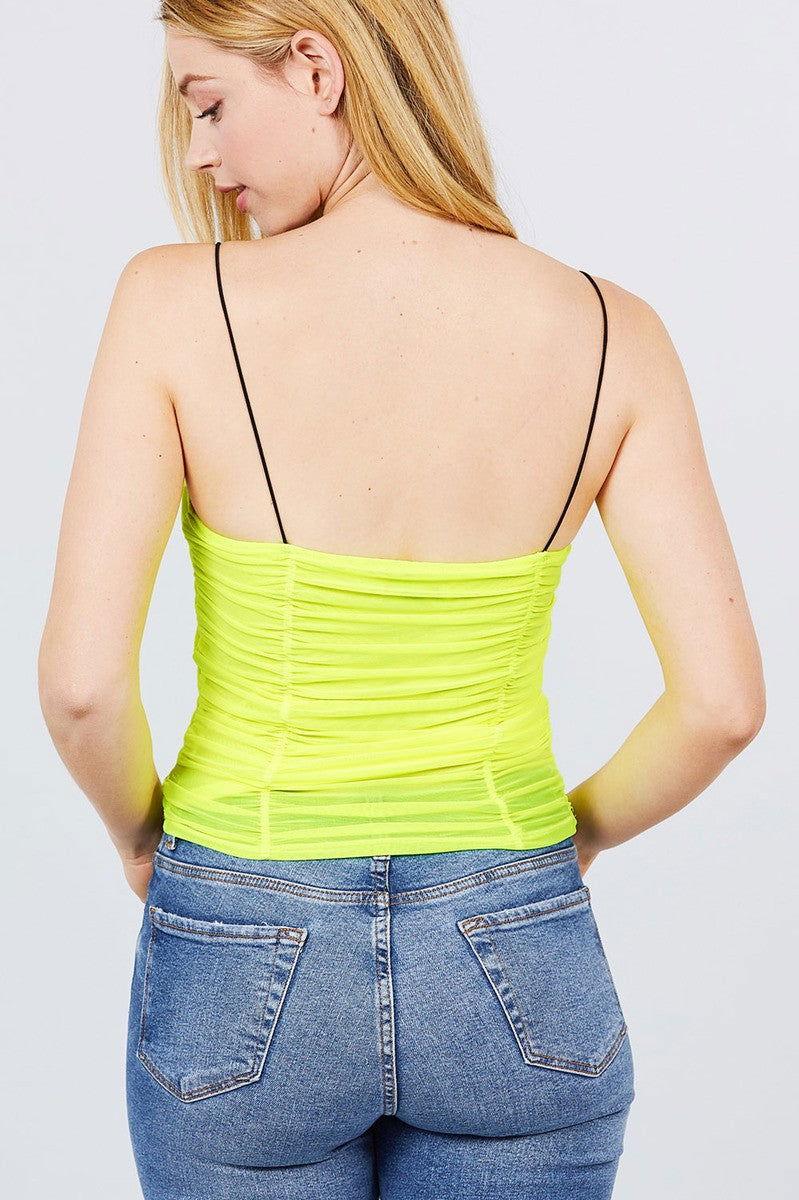 V-neck W/shirring Detail Elastic Strap Mesh Cami Top - Clothes For Her Online Store