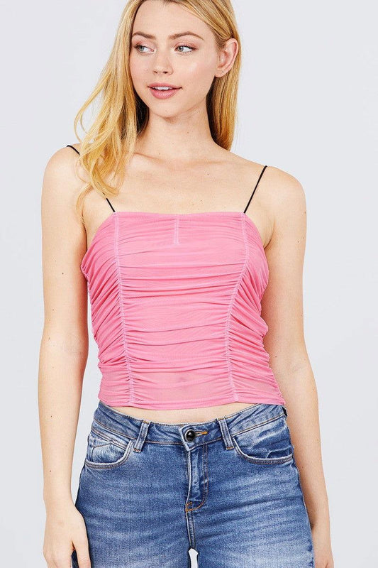 V-neck W/shirring Detail Elastic Strap Mesh Cami Top - Clothes For Her Online Store