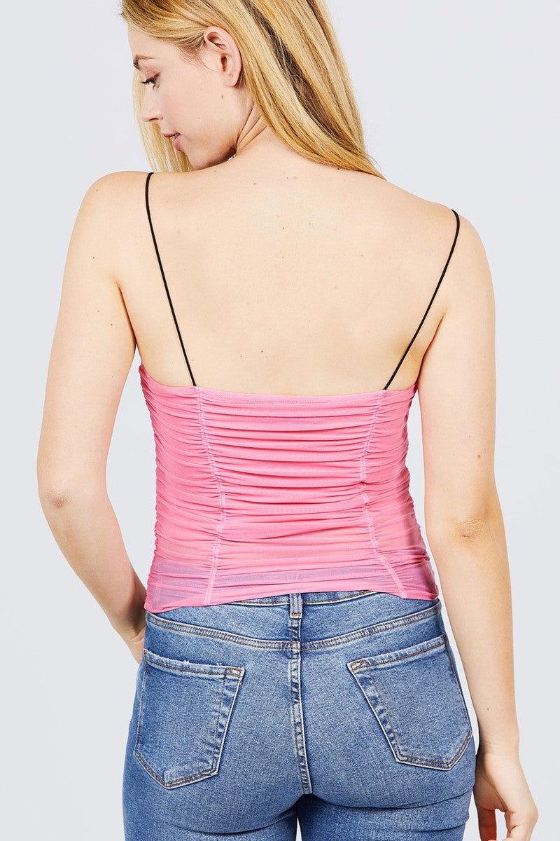V-neck W/shirring Detail Elastic Strap Mesh Cami Top - Clothes For Her Online Store