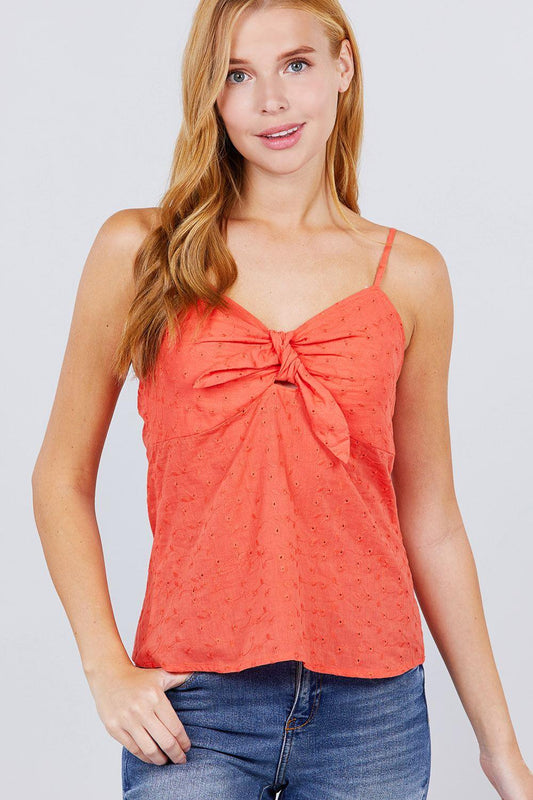 V-neck w/front bow tie eyelet woven cami top - Clothes For Her Online Store