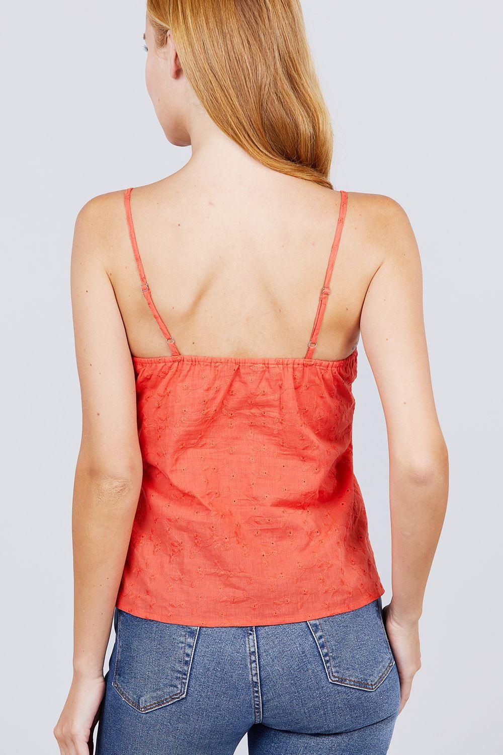 V-neck w/front bow tie eyelet woven cami top - Clothes For Her Online Store