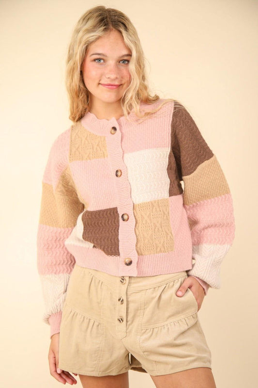VERY J Color Block Button Down Textured Sweater Cardigan - Clothes For Her Online Store