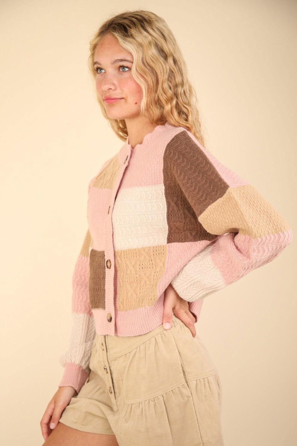 VERY J Color Block Button Down Textured Sweater Cardigan - Clothes For Her Online Store
