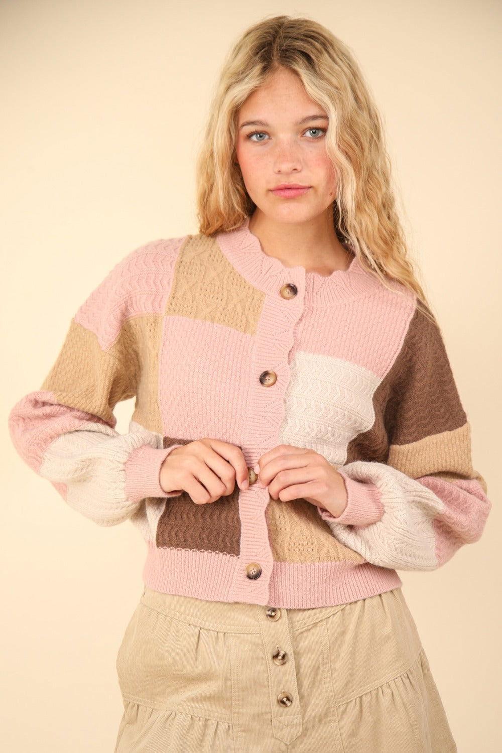 VERY J Color Block Button Down Textured Sweater Cardigan - Clothes For Her Online Store
