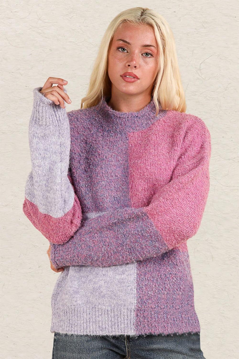 VERY J Color Block Mock Neck Drop Shoulder Sweater - Clothes For Her Online Store