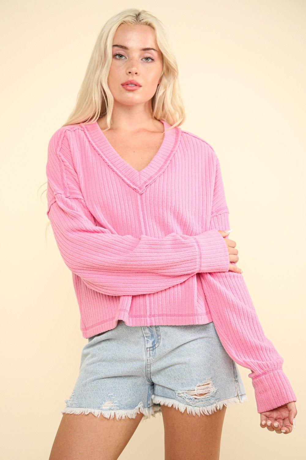 VERY J Exposed Seam V-Neck Ribbed Knit Top - Clothes For Her Online Store