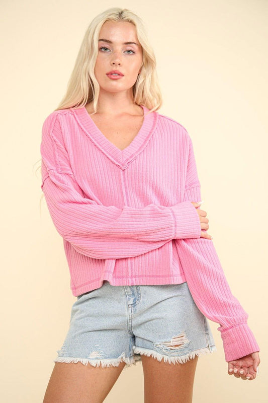 VERY J Exposed Seam V-Neck Ribbed Knit Top - Clothes For Her Online Store