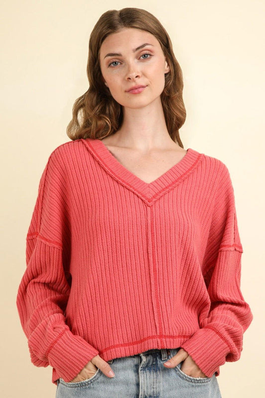 VERY J Exposed Seam V-Neck Ribbed Knit Top - Clothes For Her Online Store