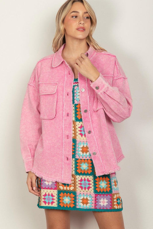 VERY J Full Size Button Up Raw Hem Long Sleeve Jacket - Clothes For Her Online Store
