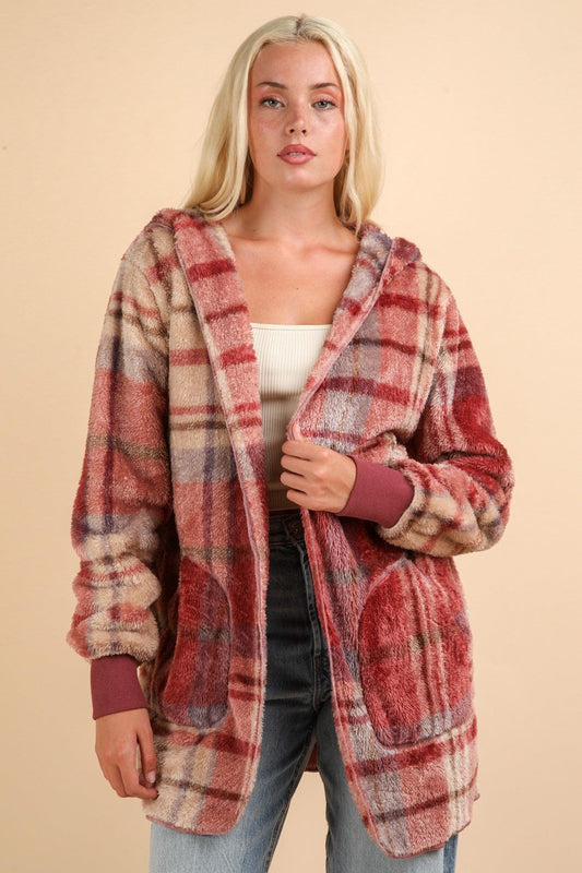 VERY J Fuzzy Plaid Long Sleeve Hooded Jacket - Clothes For Her Online Store