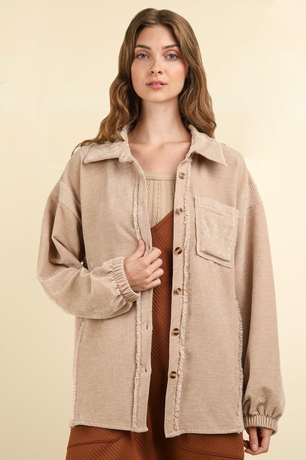 VERY J Mixed Media Button Down Raw Hem Shacket - Clothes For Her Online Store