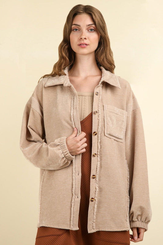 VERY J Mixed Media Button Down Raw Hem Shacket - Clothes For Her Online Store