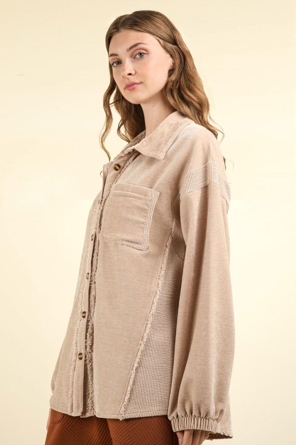VERY J Mixed Media Button Down Raw Hem Shacket - Clothes For Her Online Store
