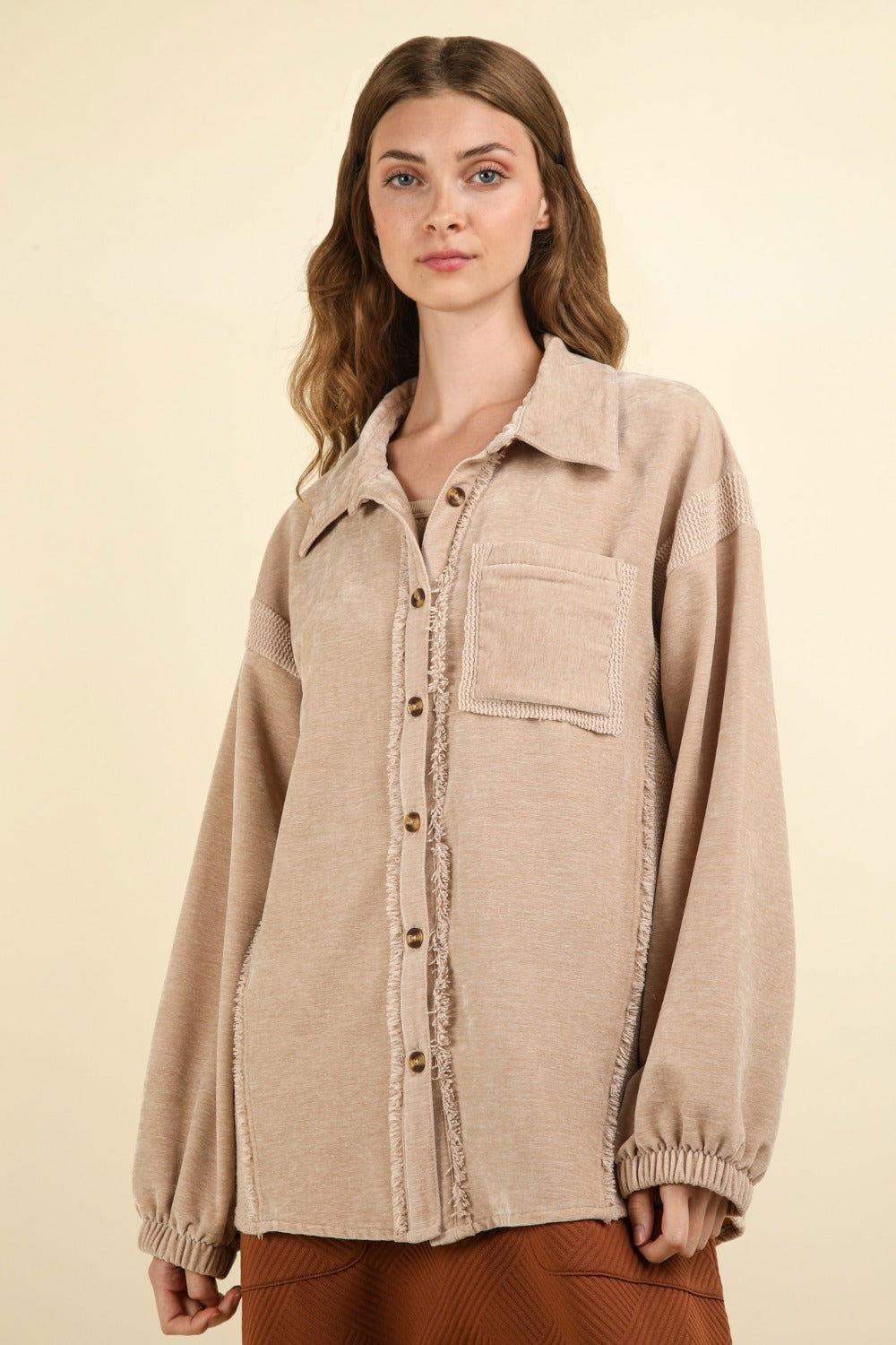 VERY J Mixed Media Button Down Raw Hem Shacket - Clothes For Her Online Store
