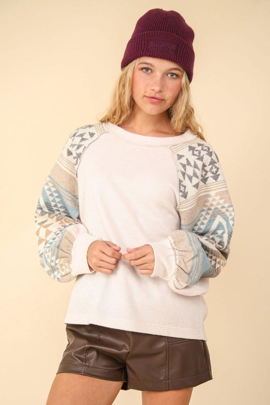 VERY J Printed Long Sleeve Round Neck Knit Top - Clothes For Her Online Store