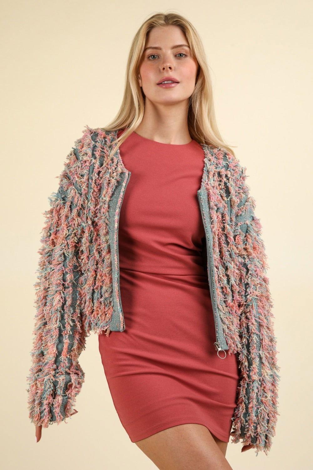 VERY J Shaggy Yarn Knit Zip Up Jacket - Clothes For Her Online Store