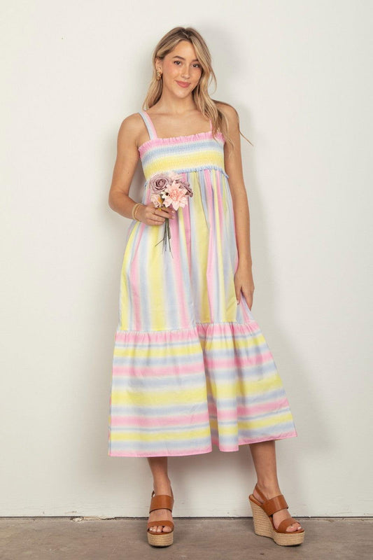 VERY J Striped Woven Smocked Midi Cami Dress - Clothes For Her Online Store