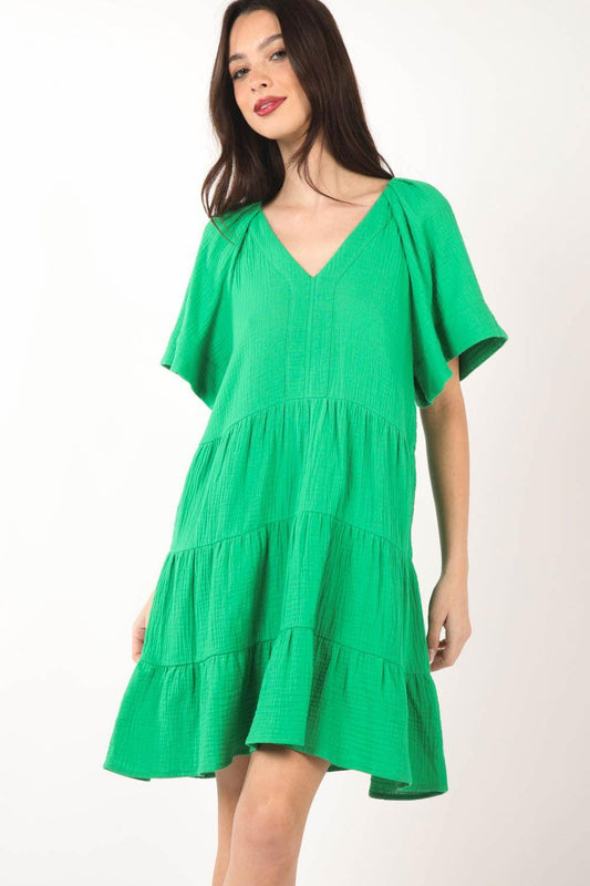 VERY J Texture V-Neck Ruffled Tiered Dress - Clothes For Her Online Store