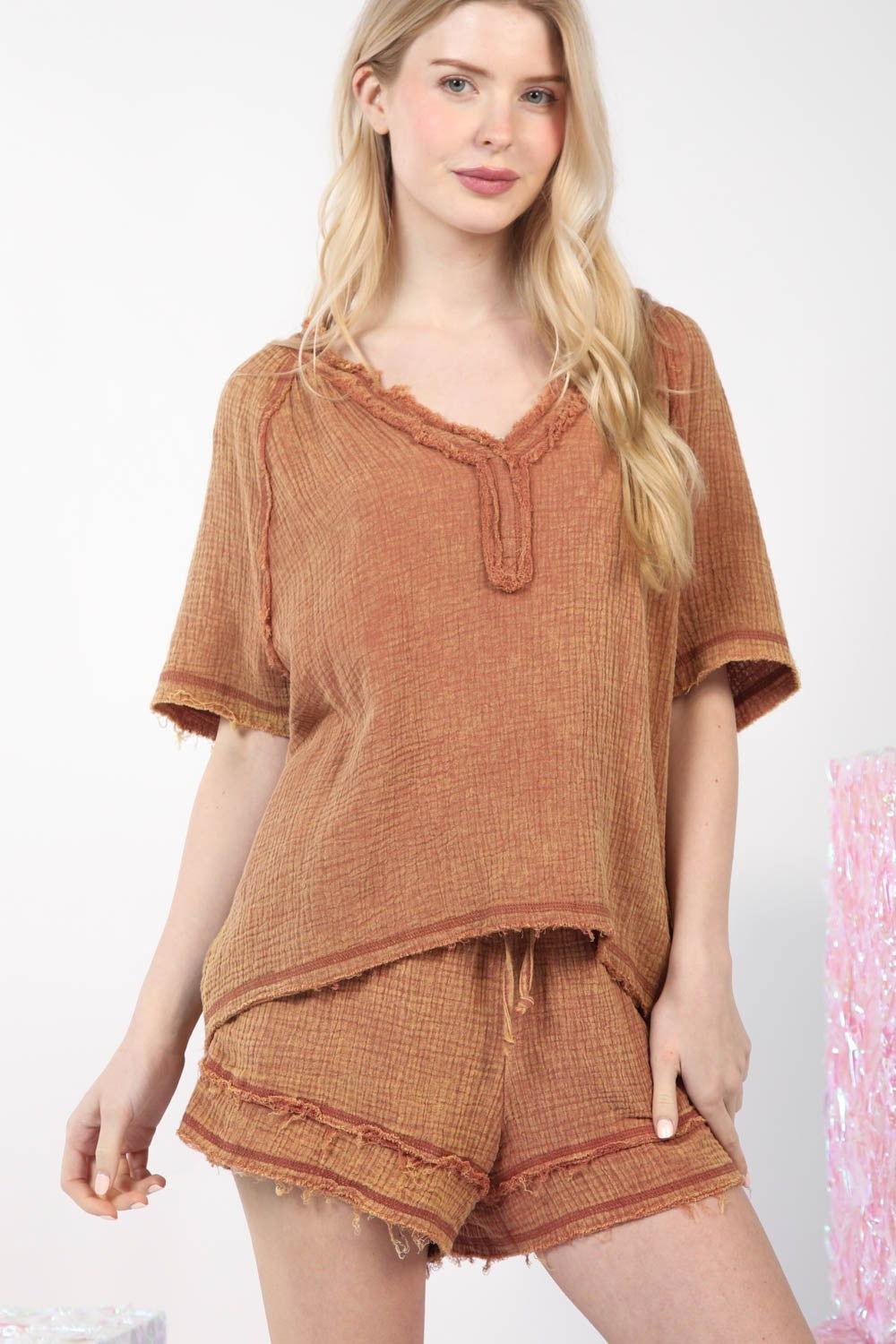 VERY J Washed Cotton Crinkle Gauze Top and Shorts Set - Clothes For Her Online Store