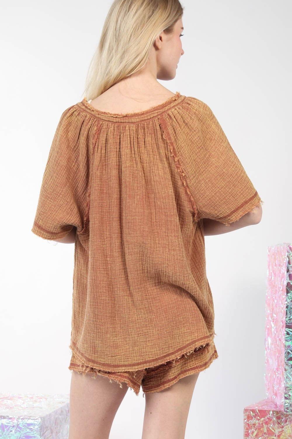 VERY J Washed Cotton Crinkle Gauze Top and Shorts Set - Clothes For Her Online Store