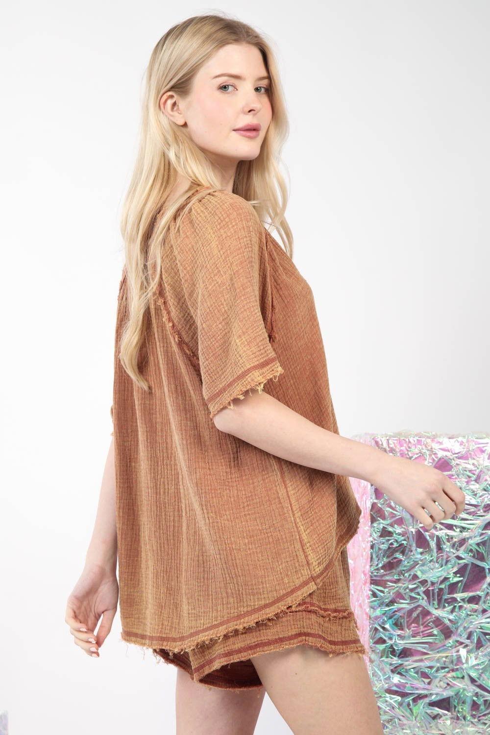 VERY J Washed Cotton Crinkle Gauze Top and Shorts Set - Clothes For Her Online Store