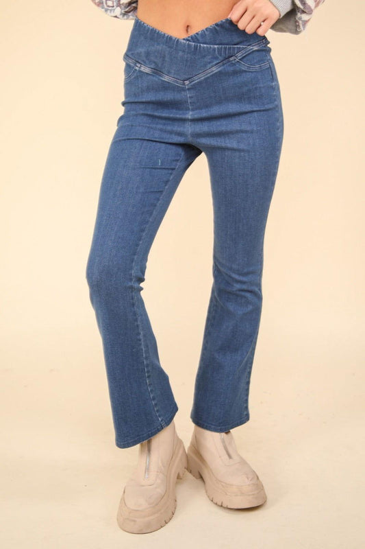 VERY J Washed Denim Stretchy Crossover Waist Leggings - Clothes For Her Online Store