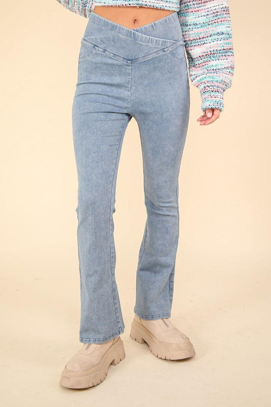 VERY J Washed Denim Stretchy Crossover Waist Leggings - Clothes For Her Online Store