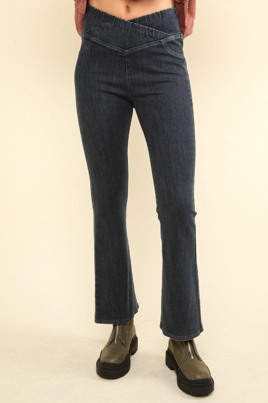VERY J Washed Denim Stretchy Crossover Waist Leggings - Clothes For Her Online Store