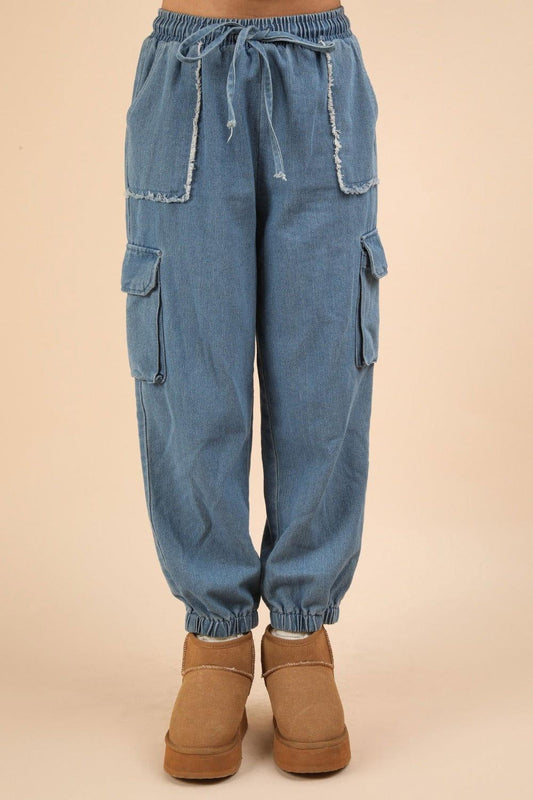 VERY J Washed Drawstring Jogger Cargo Jeans - Clothes For Her Online Store
