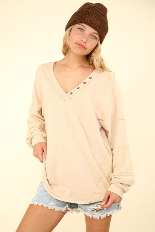 VERY J Washed V-Neck Exposed Seam Knit Top - Clothes For Her Online Store