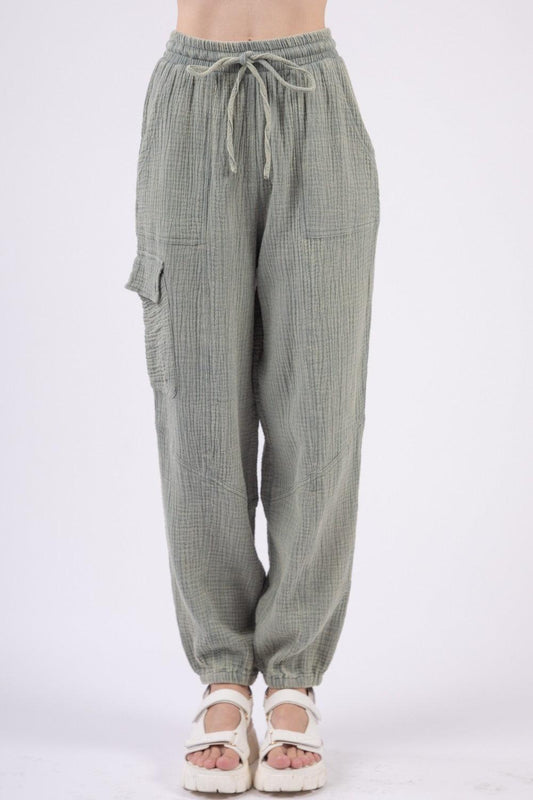 VERY J Washed Woven Crinkle Gauze Drawstring Pants - Clothes For Her Online Store