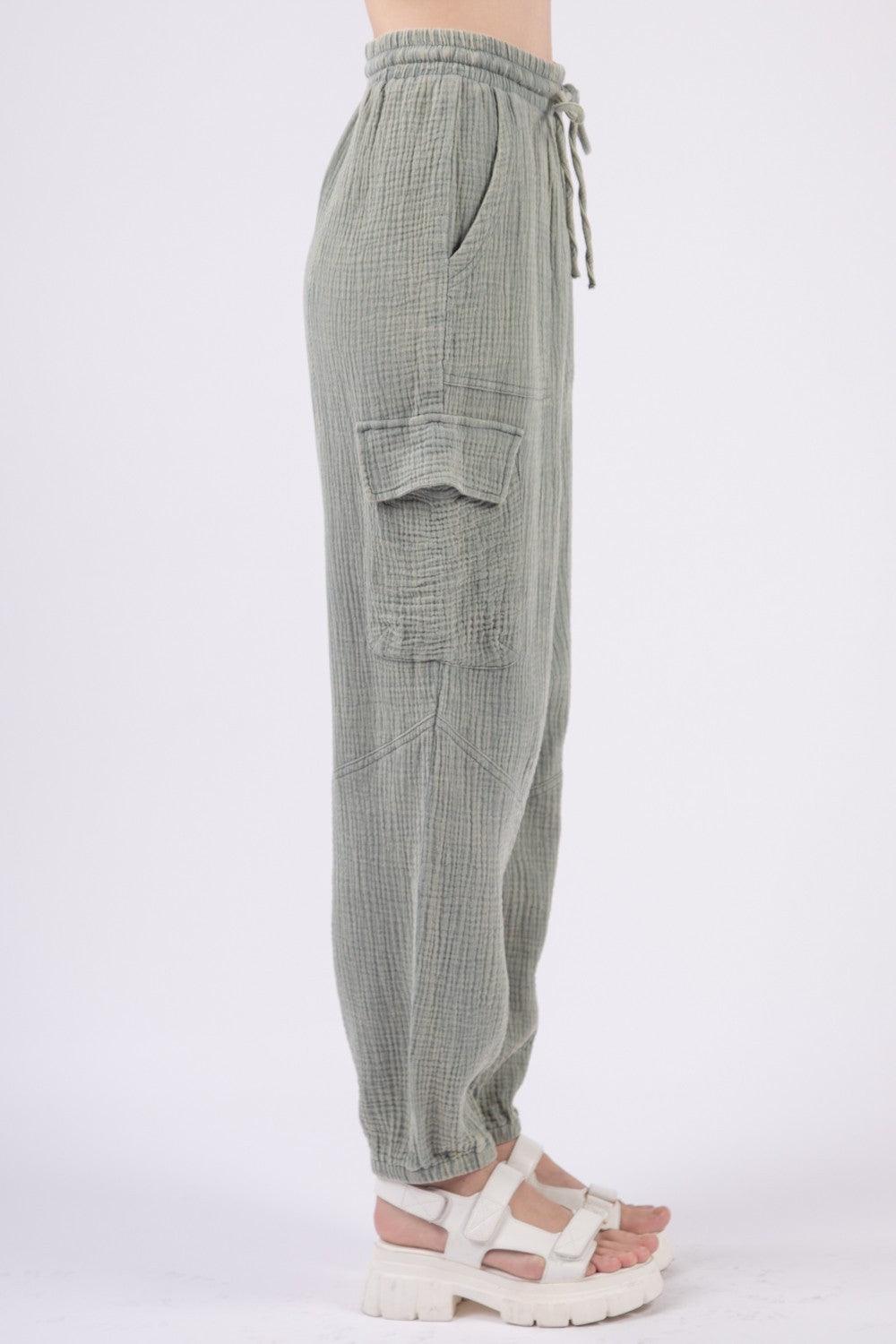 VERY J Washed Woven Crinkle Gauze Drawstring Pants - Clothes For Her Online Store
