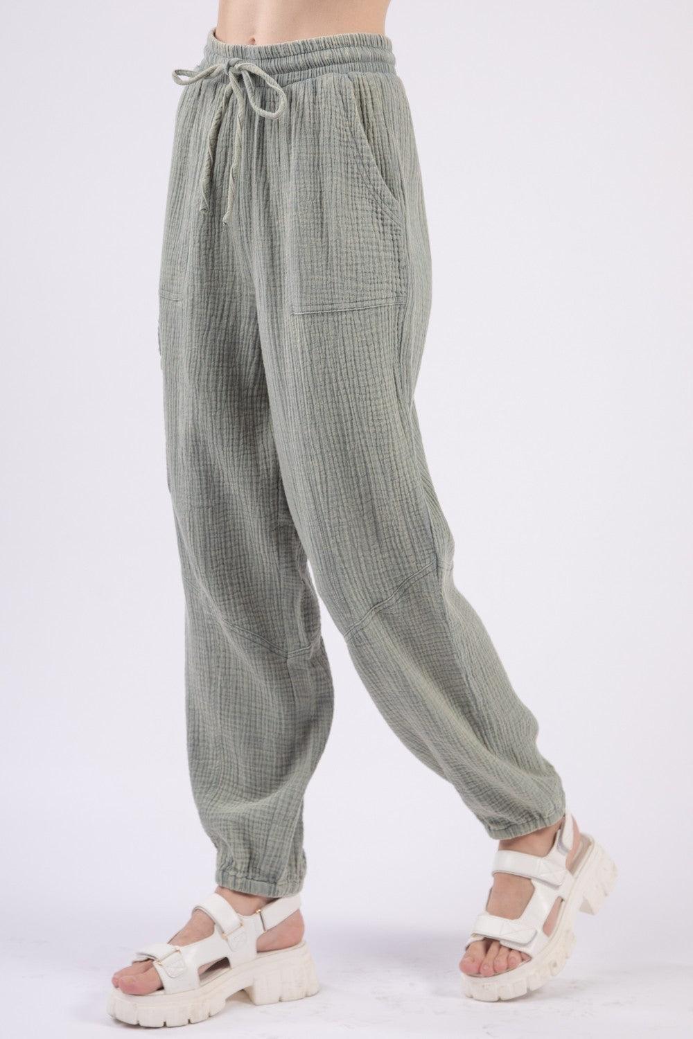 VERY J Washed Woven Crinkle Gauze Drawstring Pants - Clothes For Her Online Store
