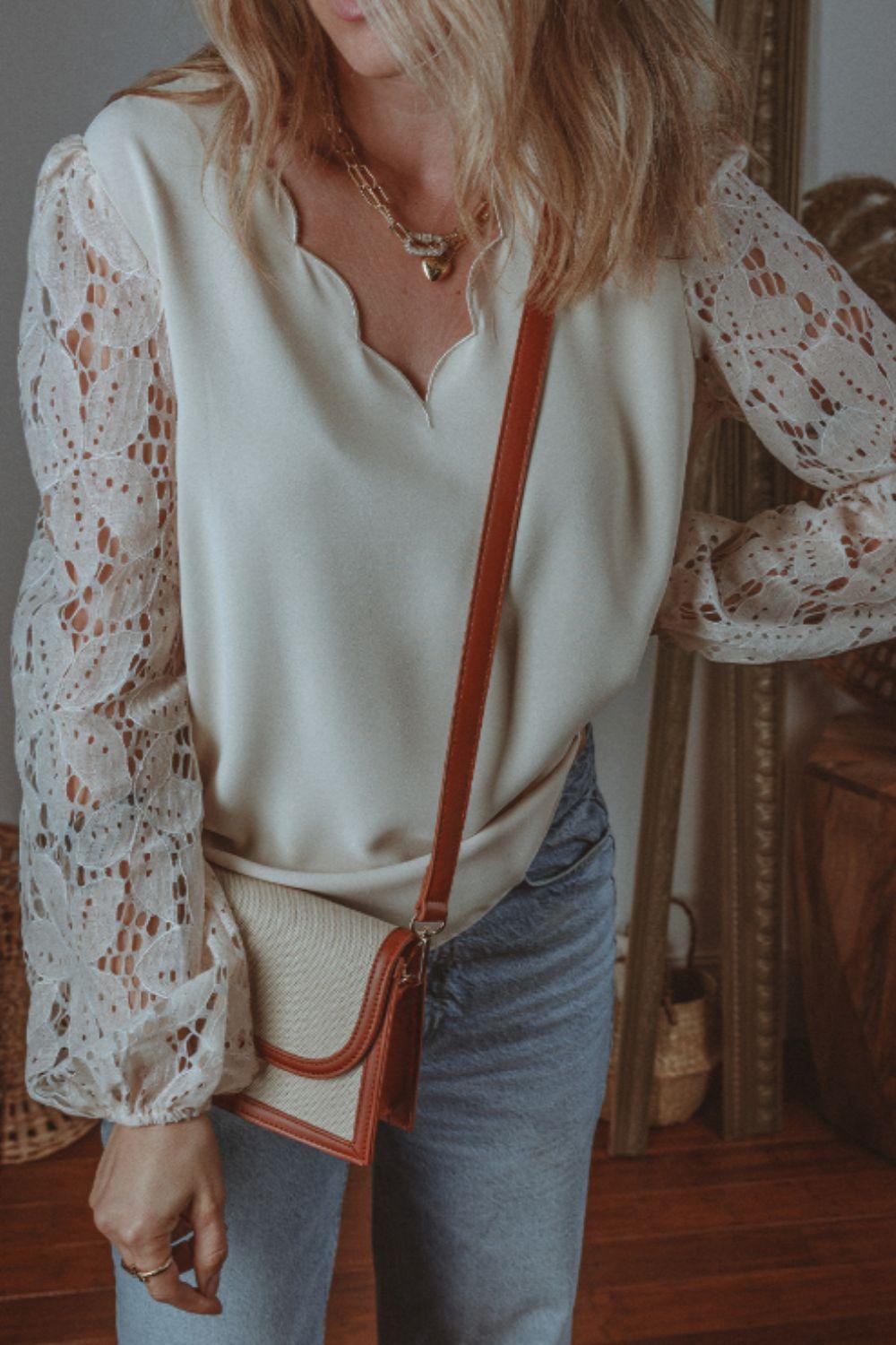 V Neck Lace Balloon Sleeve Blouse - Clothes For Her Online Store