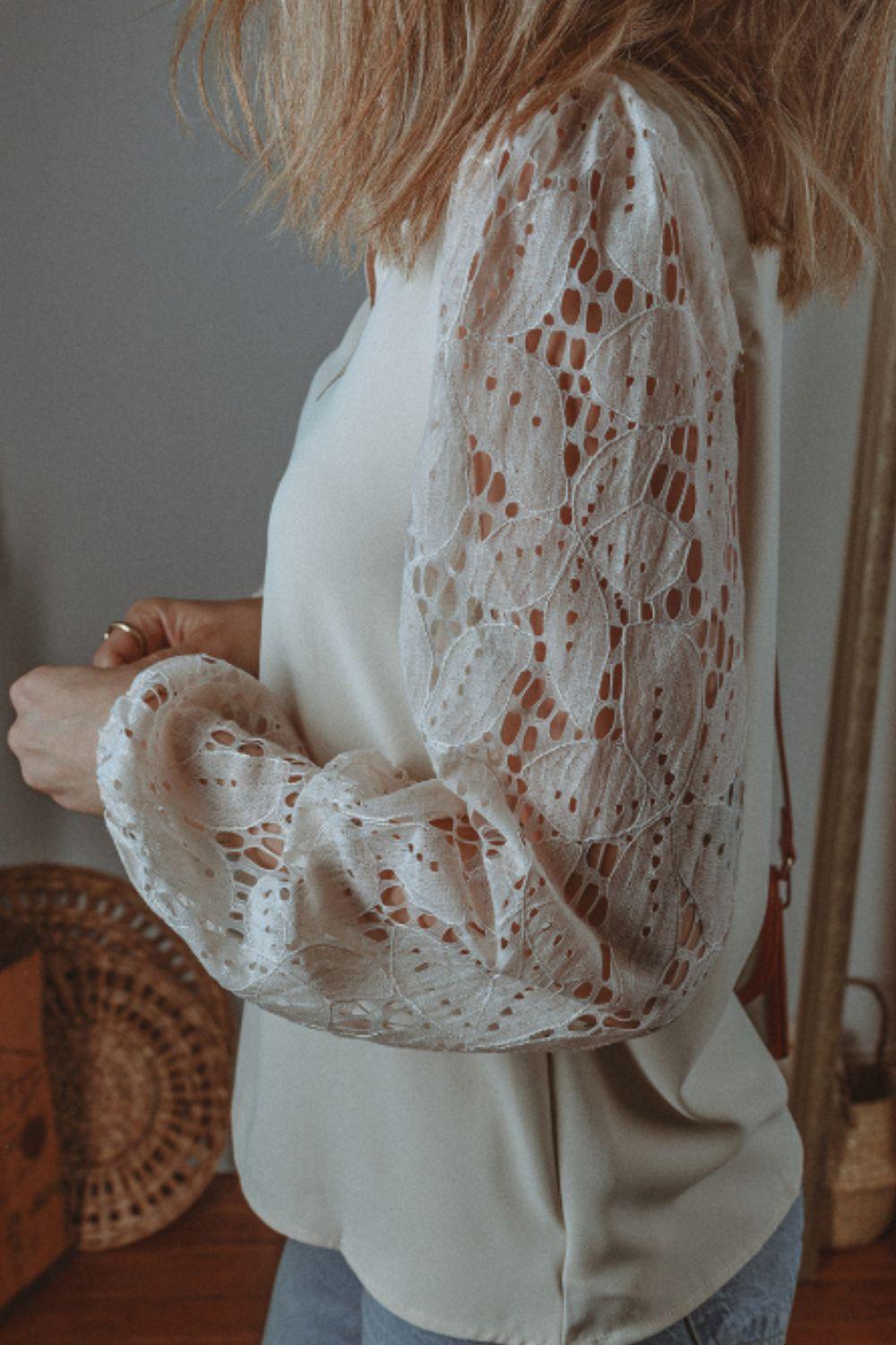 V Neck Lace Balloon Sleeve Blouse - Clothes For Her Online Store