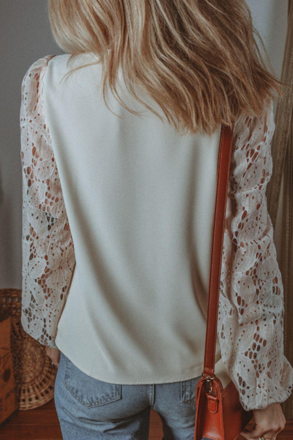 V Neck Lace Balloon Sleeve Blouse - Clothes For Her Online Store